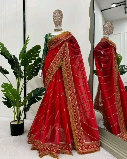 Sutrani Kumkum Designer Soft Organza Saree with Heavy Embroidery Work