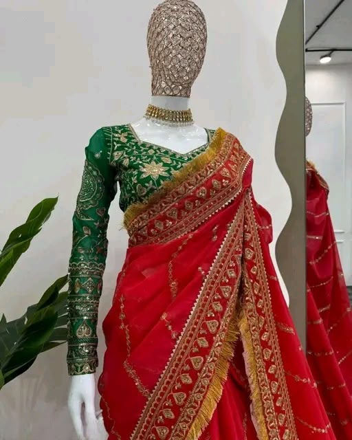 Sutrani Kumkum Designer Soft Organza Saree with Heavy Embroidery Work