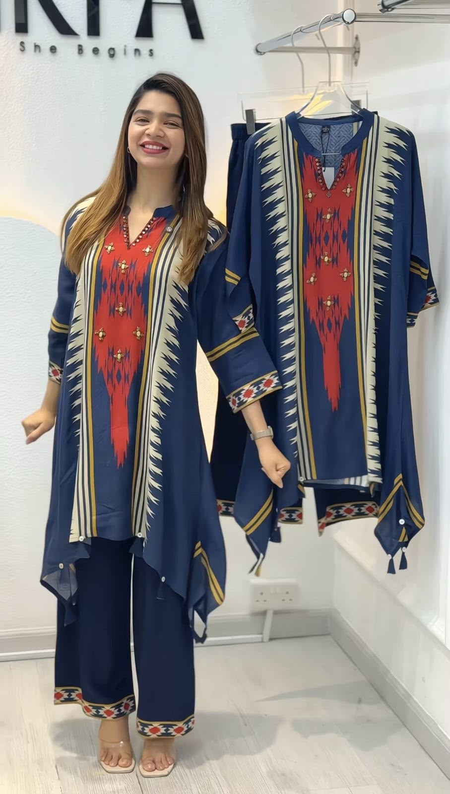 Printed Maslin Cotton Co-Ord Set with Hand Diamond Neckline Work