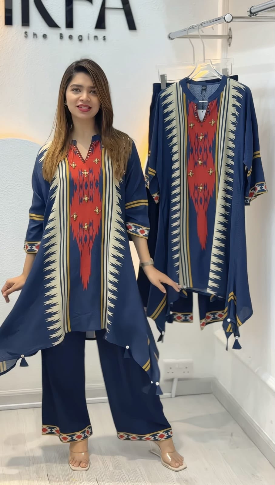 Printed Maslin Cotton Co-Ord Set with Hand Diamond Neckline Work