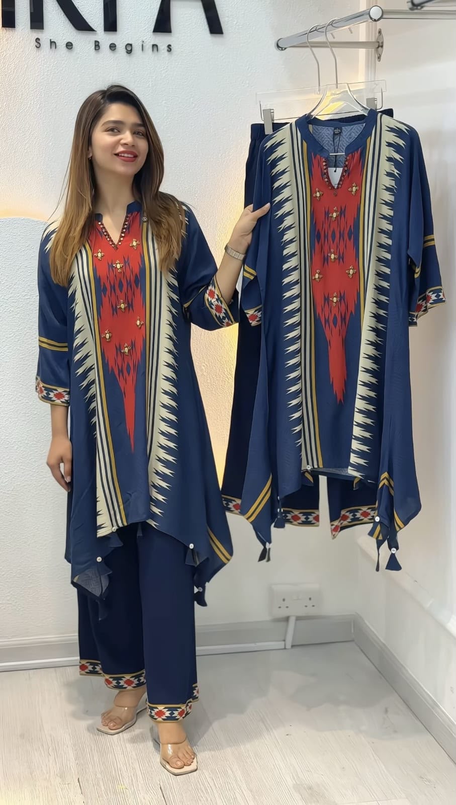 Printed Maslin Cotton Co-Ord Set with Hand Diamond Neckline Work