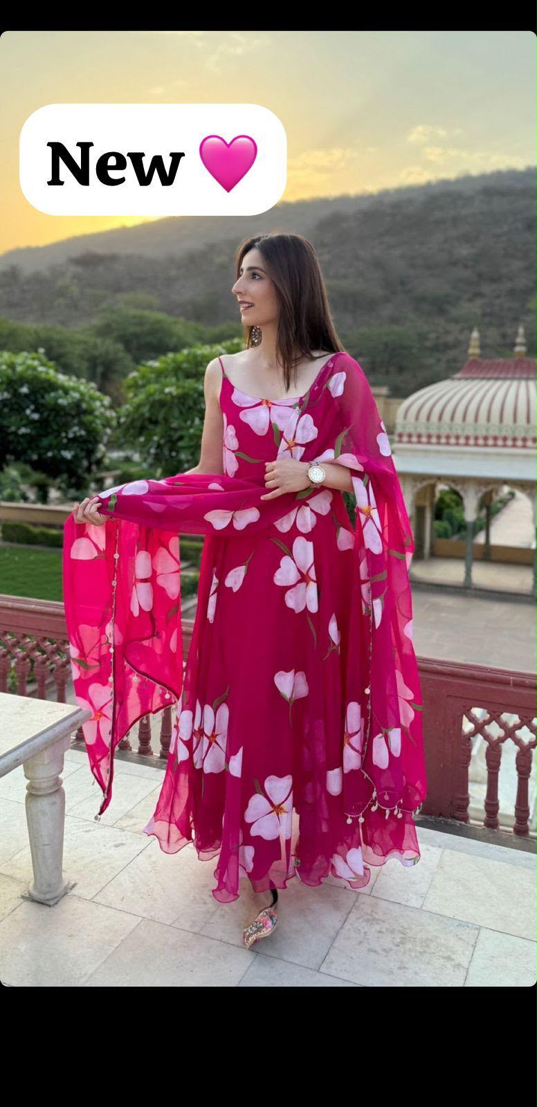 Digital Printed Organza Silk Anarkali Suit Set with Dupatta & Pants