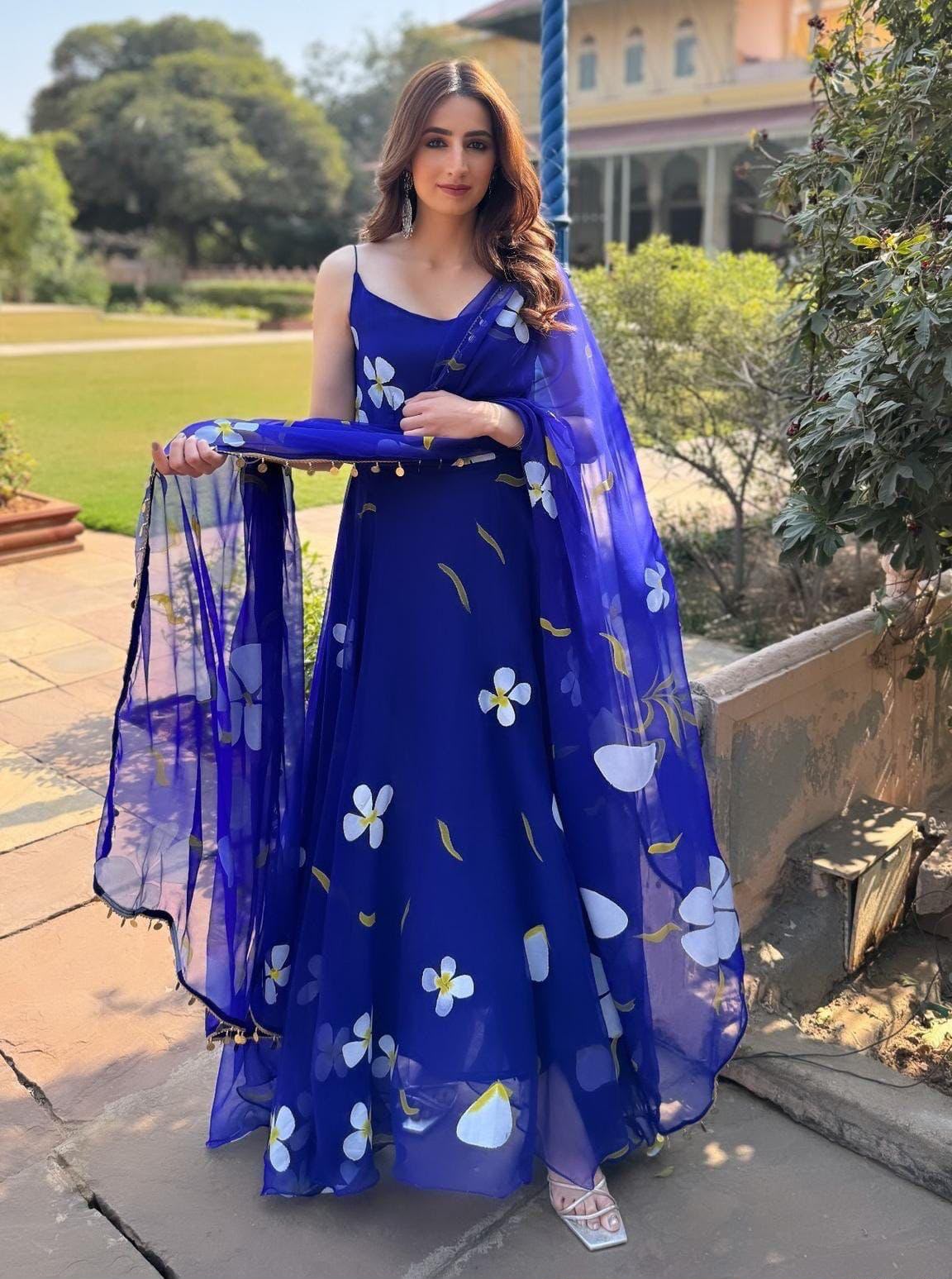 Digital Printed Organza Silk Anarkali Suit Set with Dupatta & Pants