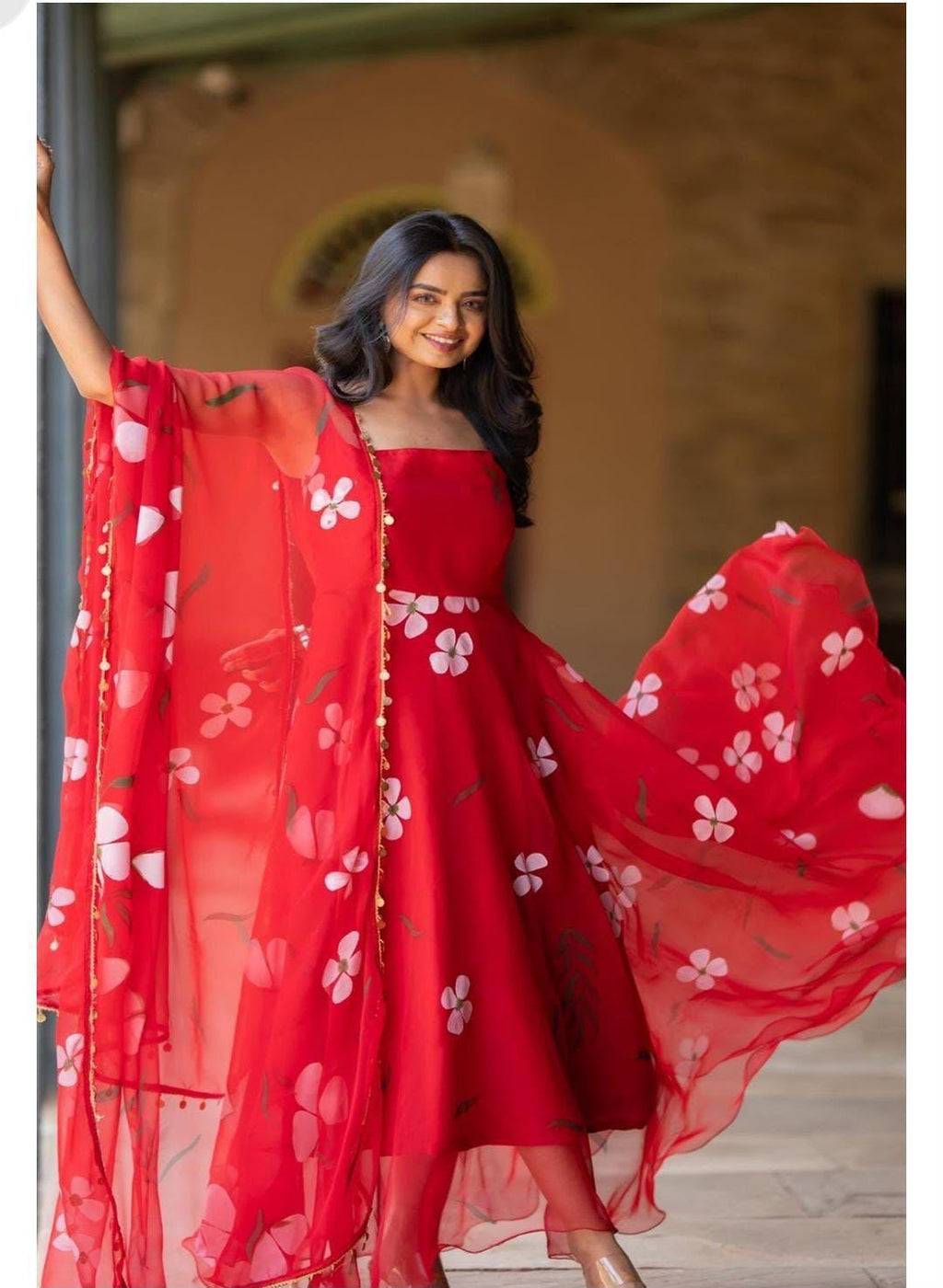 Digital Printed Organza Silk Anarkali Suit Set with Dupatta & Pants