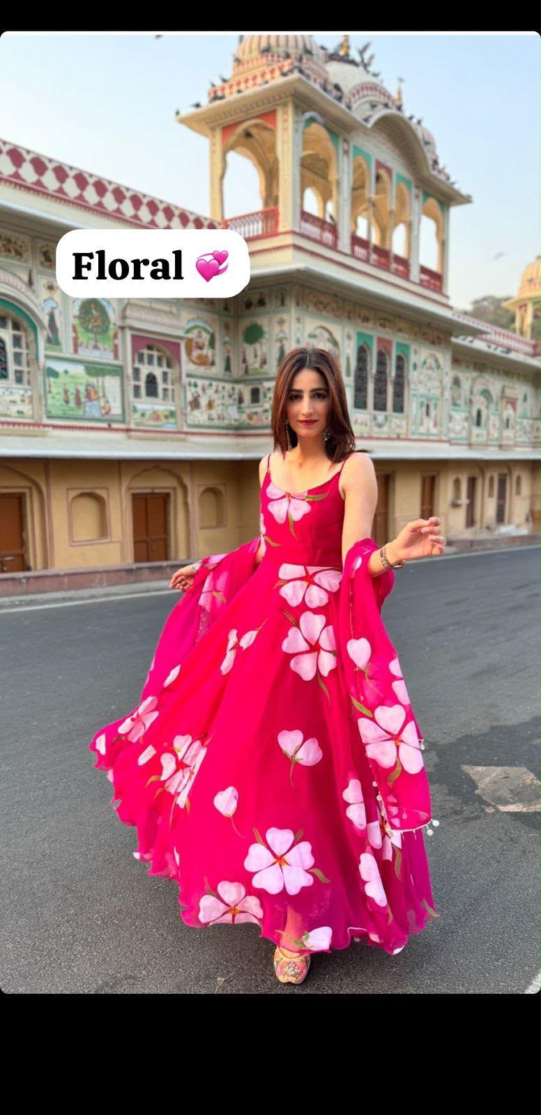 Digital Printed Organza Silk Anarkali Suit Set with Dupatta & Pants