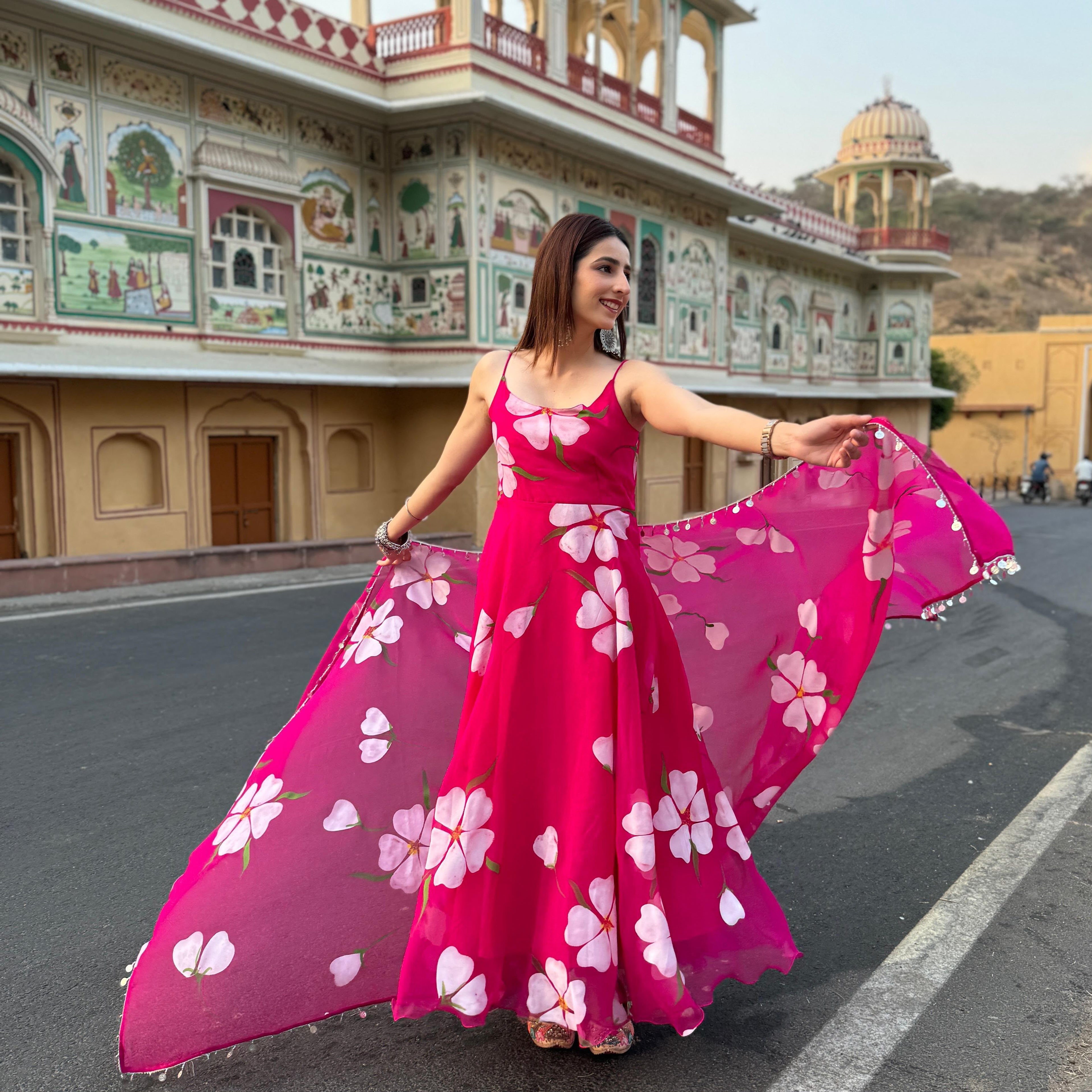 Digital Printed Organza Silk Anarkali Suit Set with Dupatta & Pants