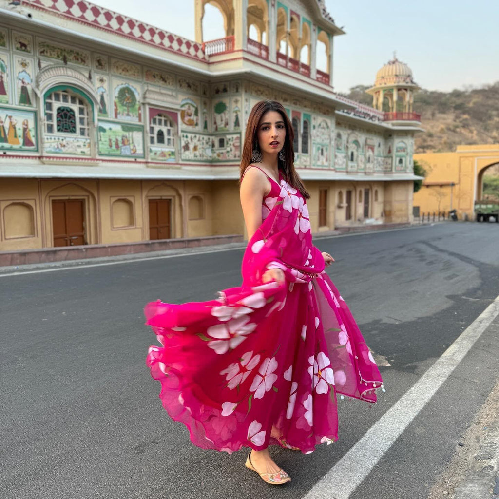 Digital Printed Organza Silk Anarkali Suit Set with Dupatta & Pants