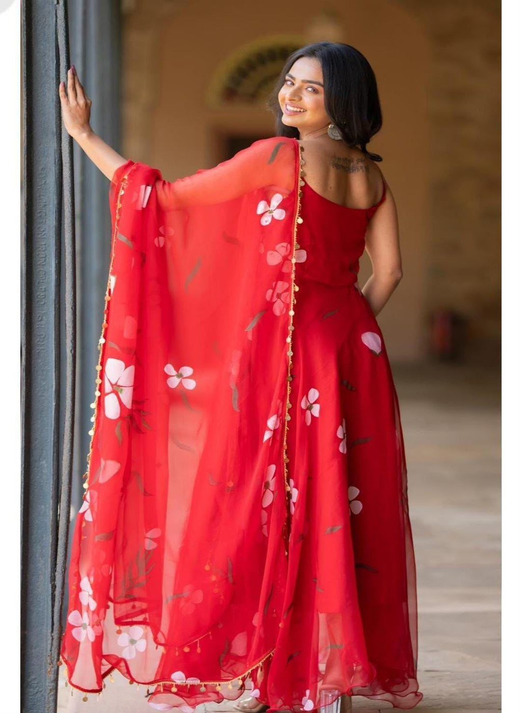 Digital Printed Organza Silk Anarkali Suit Set with Dupatta & Pants