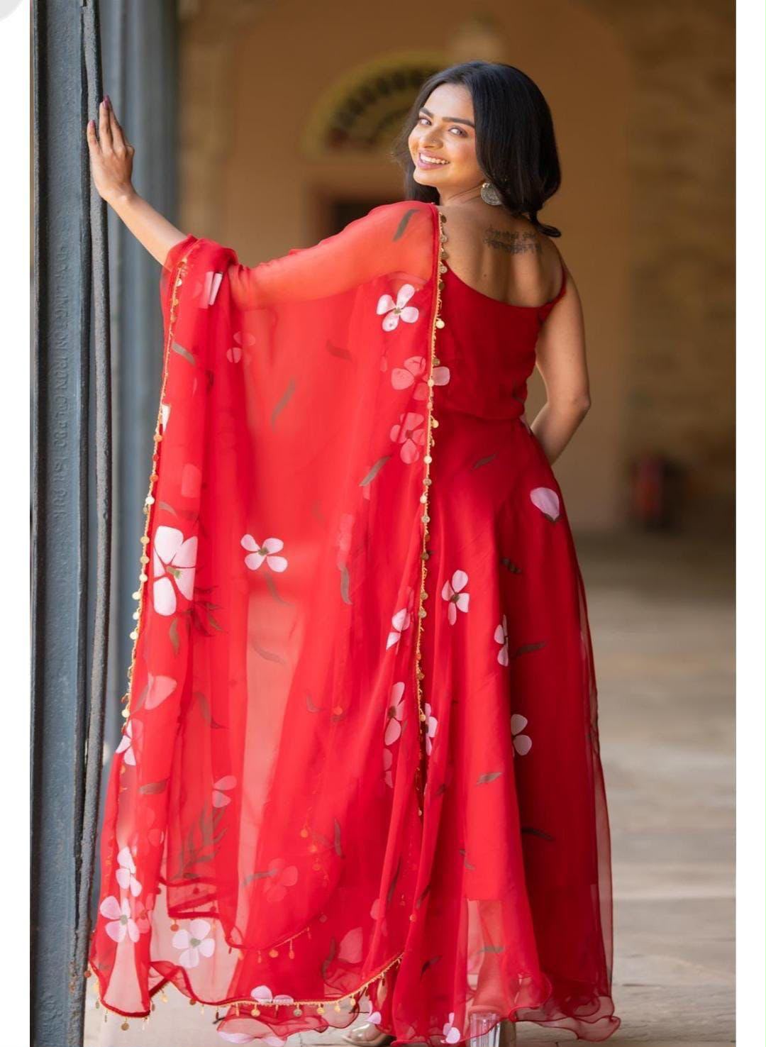 Digital Printed Organza Silk Anarkali Suit Set with Dupatta & Pants