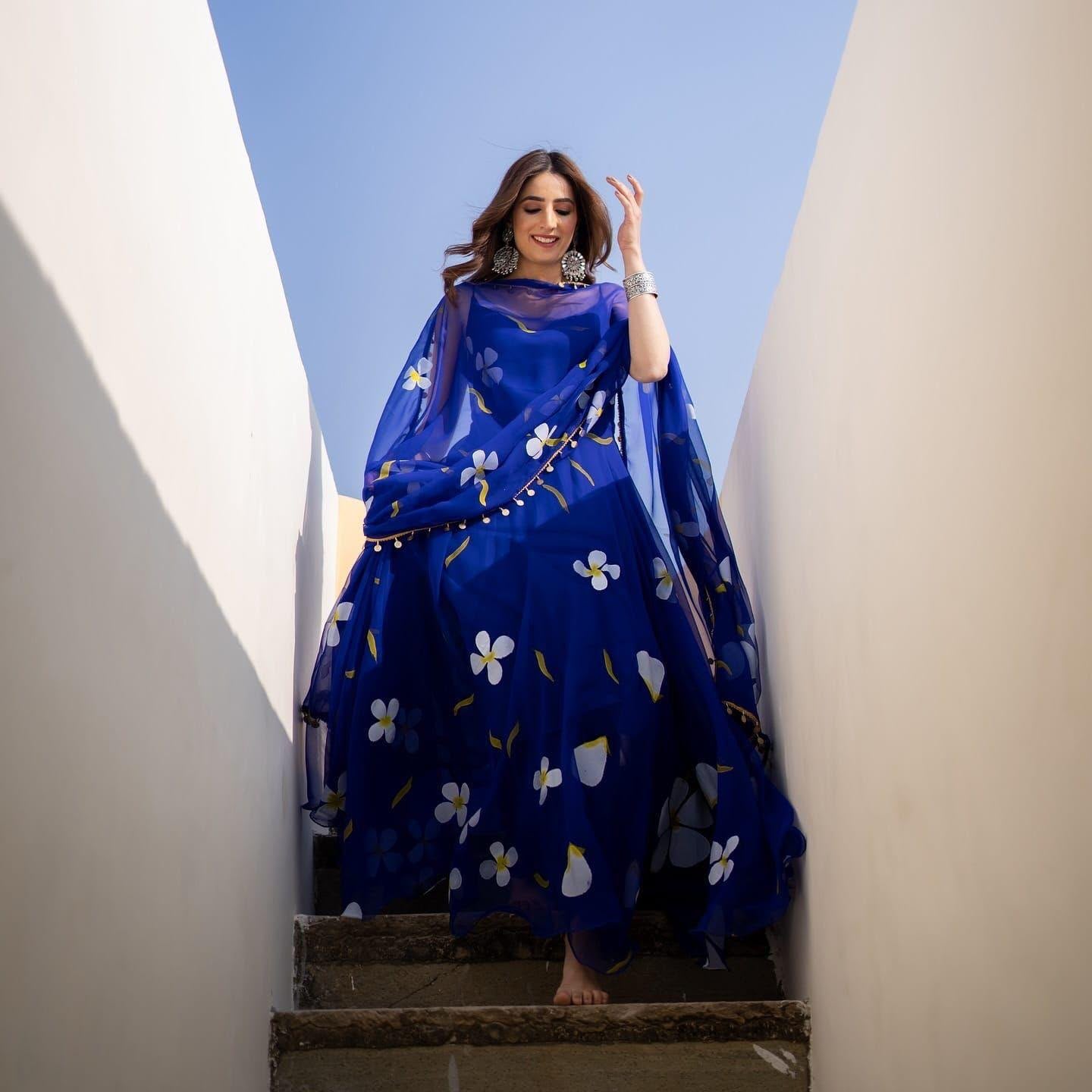 Digital Printed Organza Silk Anarkali Suit Set with Dupatta & Pants