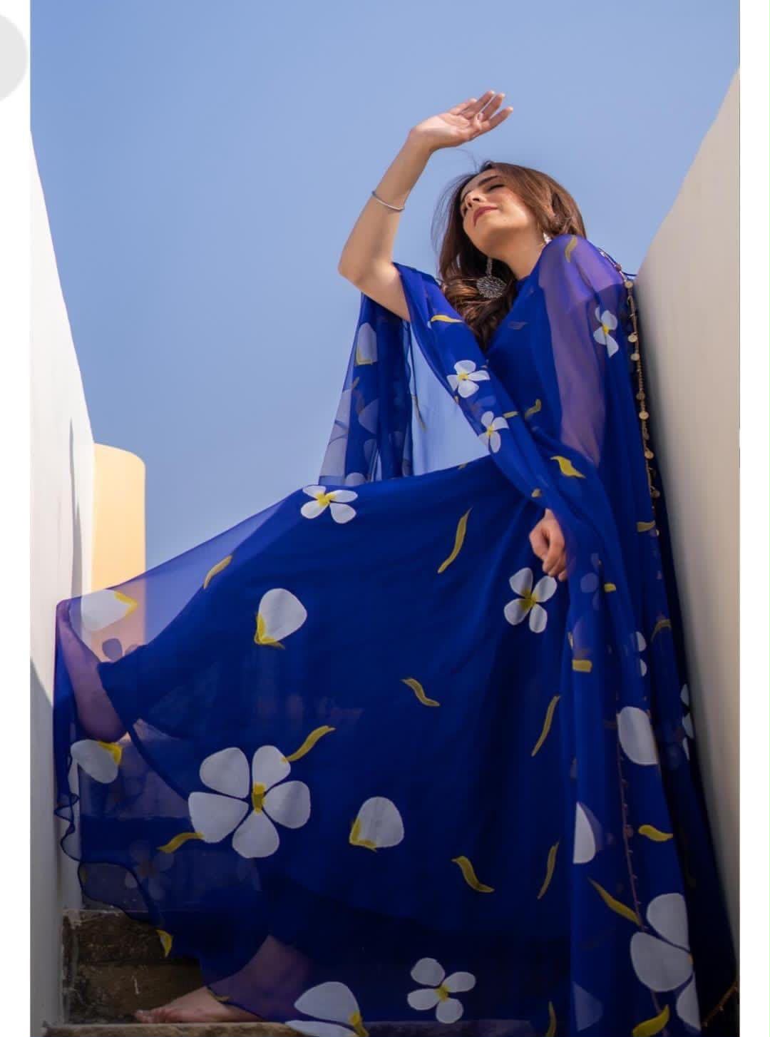 Digital Printed Organza Silk Anarkali Suit Set with Dupatta & Pants
