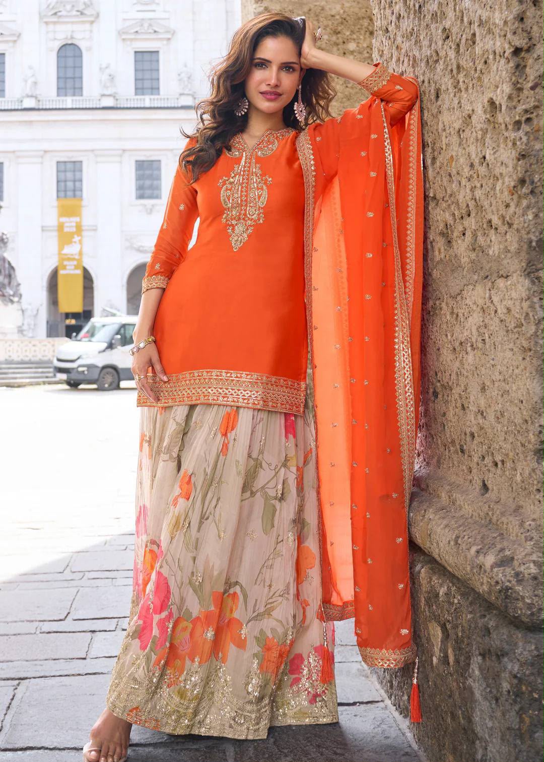Codding & Sequence Embroidered Chinon Silk Sharara Suit Set with Dupatta