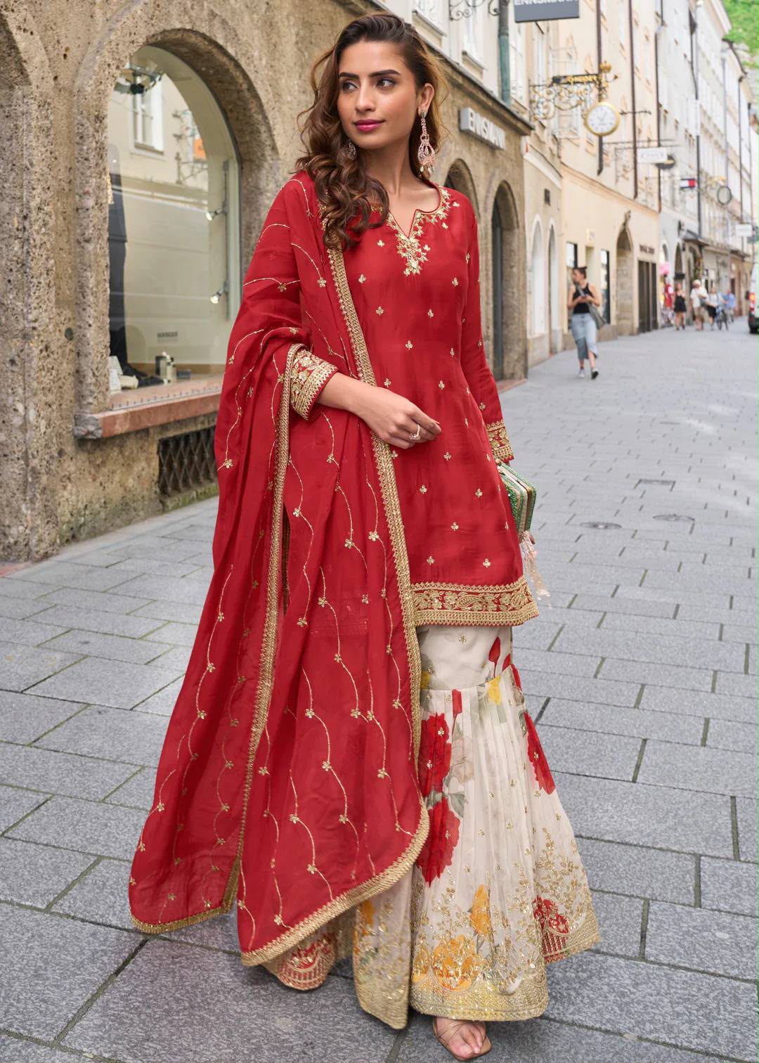Codding & Sequence Embroidered Chinon Silk Sharara Suit Set with Dupatta