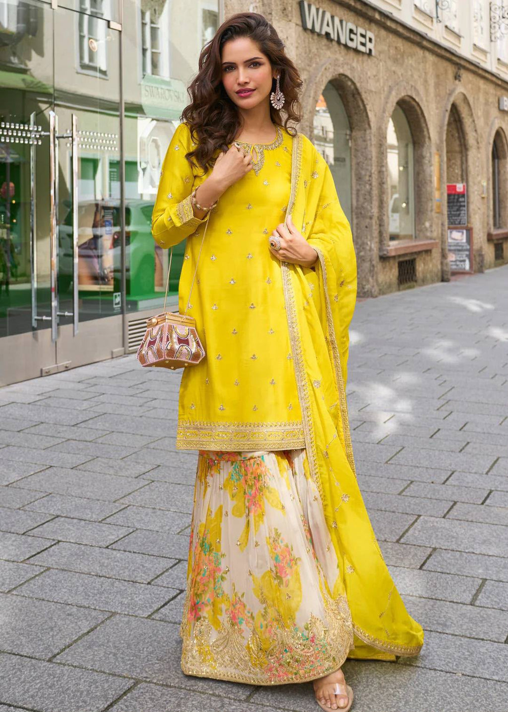 Codding & Sequence Embroidered Chinon Silk Sharara Suit Set with Dupatta