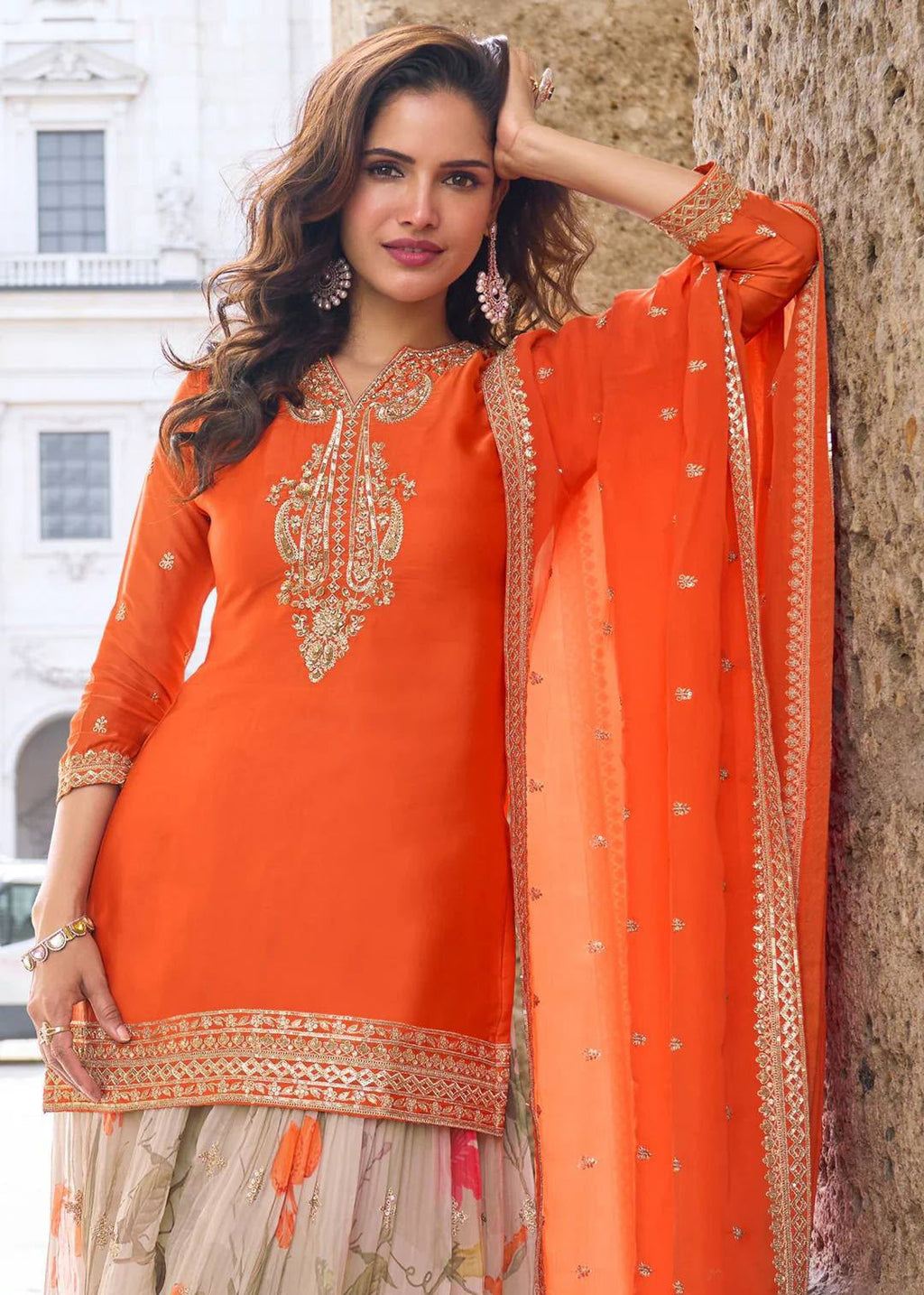 Codding & Sequence Embroidered Chinon Silk Sharara Suit Set with Dupatta