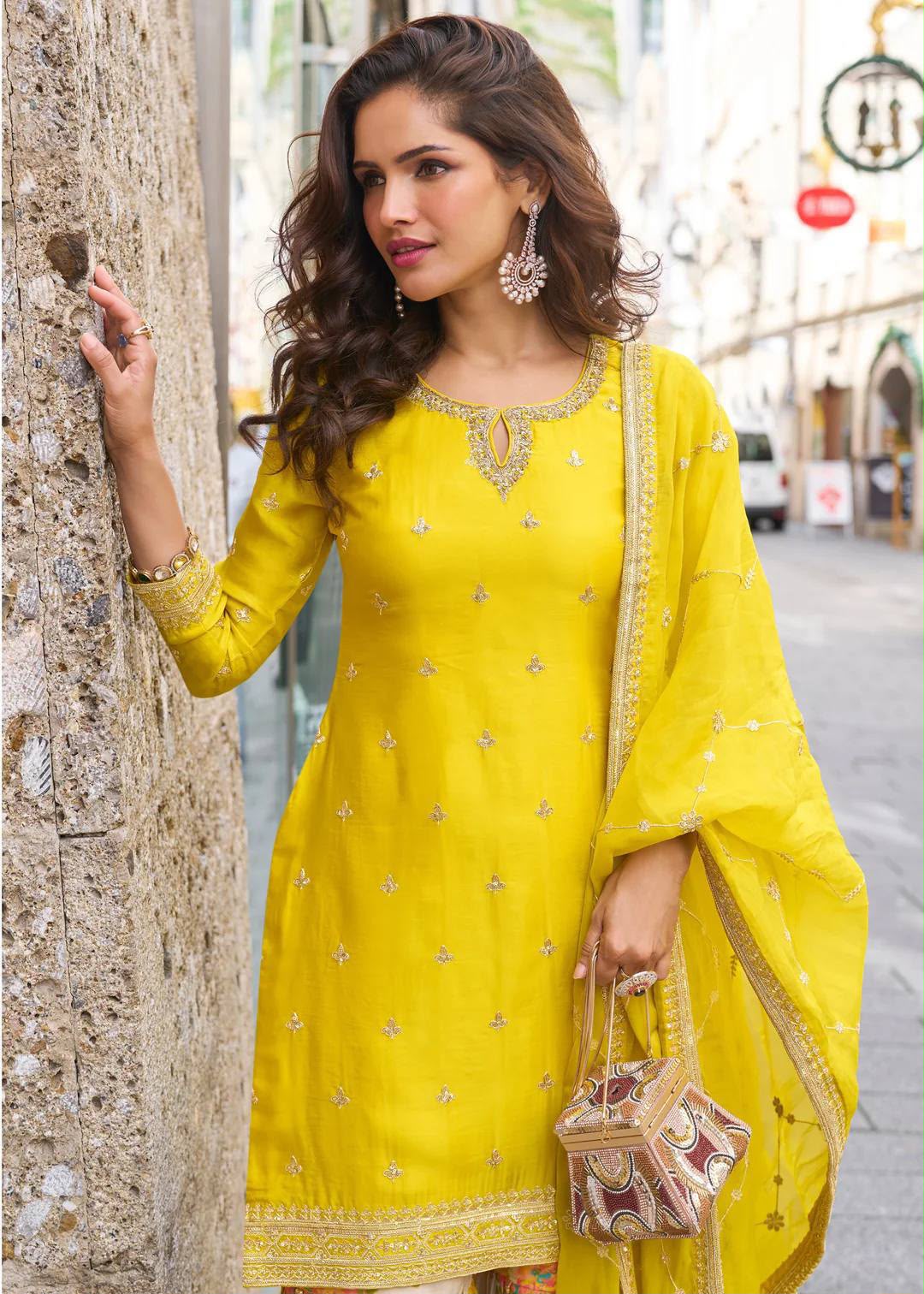 Codding & Sequence Embroidered Chinon Silk Sharara Suit Set with Dupatta