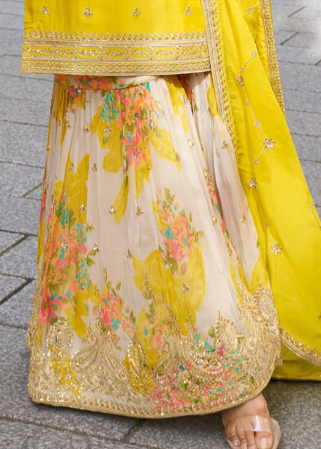 Codding & Sequence Embroidered Chinon Silk Sharara Suit Set with Dupatta