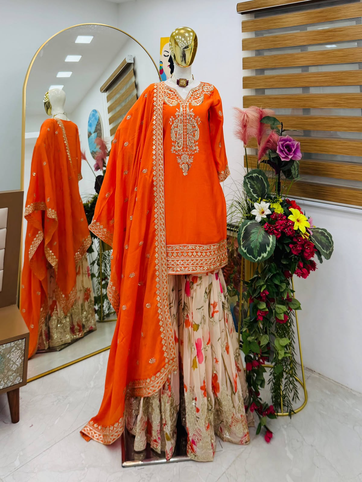 Codding & Sequence Embroidered Chinon Silk Sharara Suit Set with Dupatta