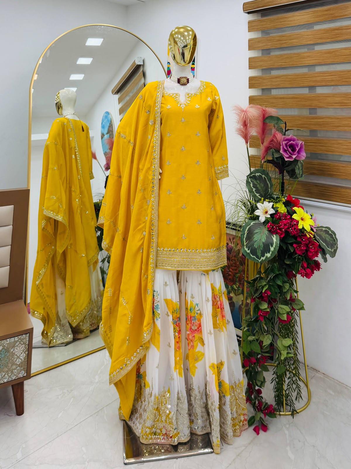 Codding & Sequence Embroidered Chinon Silk Sharara Suit Set with Dupatta