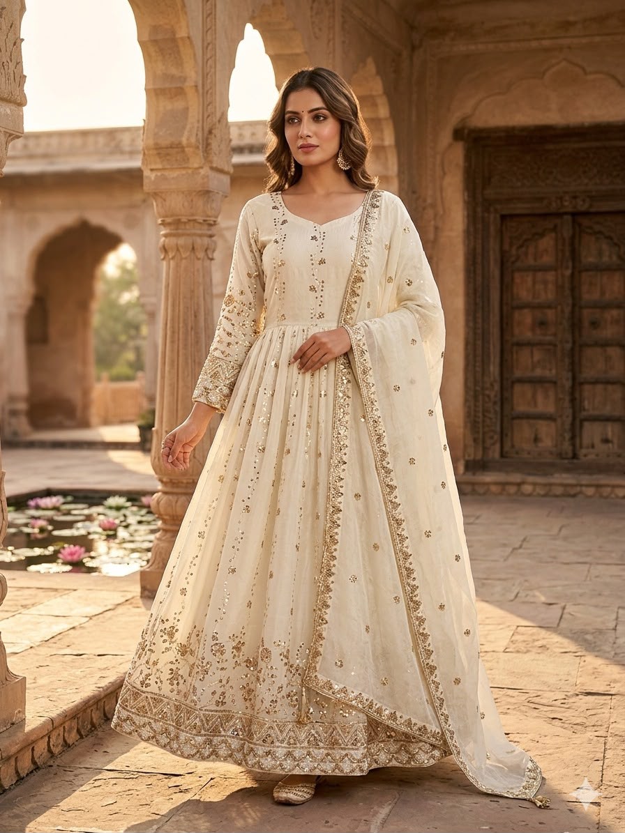 Heavy Sequence Embroidered Fendi Silk Gown, Pant & Dupatta Set