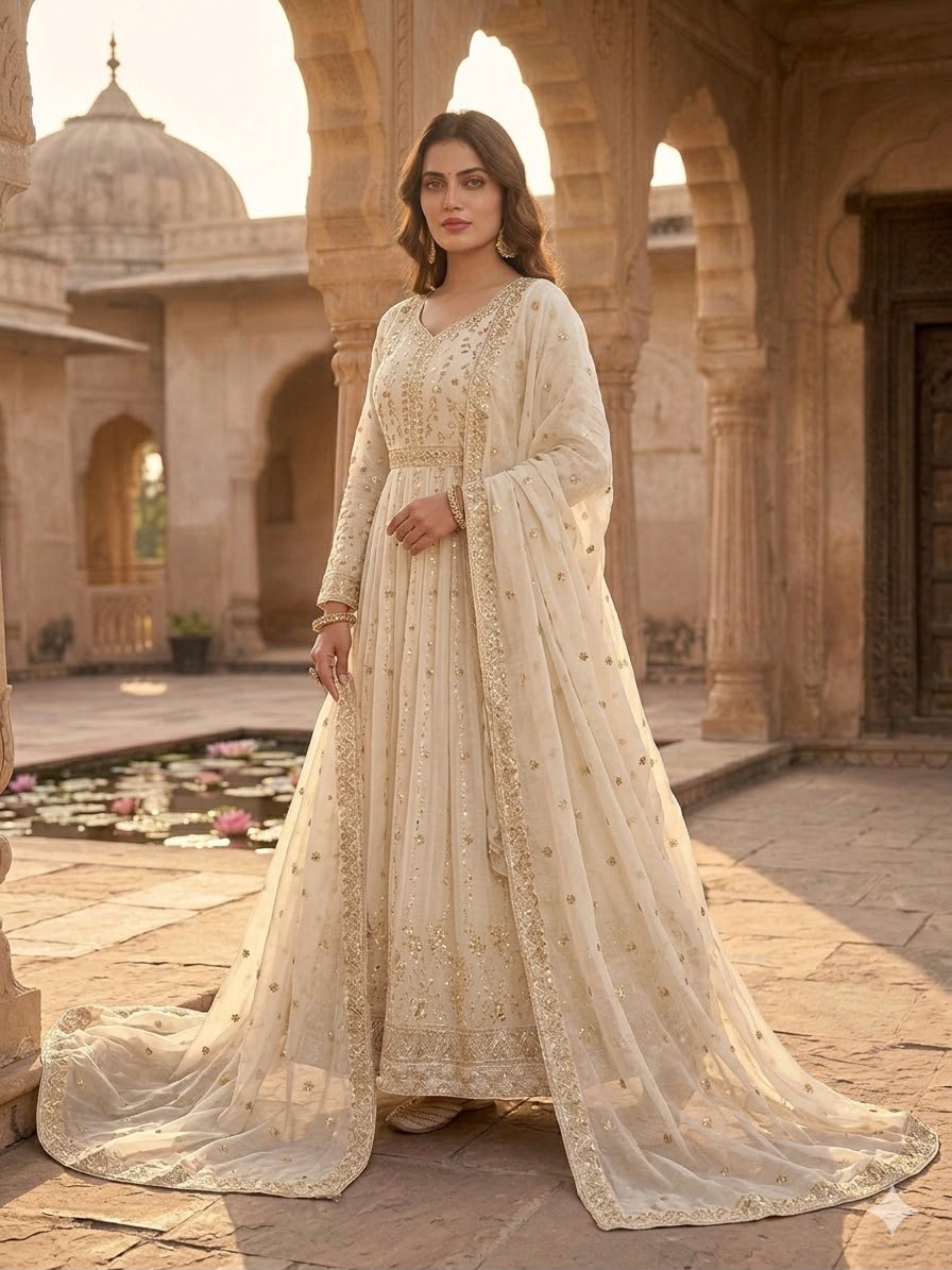 Heavy Sequence Embroidered Fendi Silk Gown, Pant & Dupatta Set