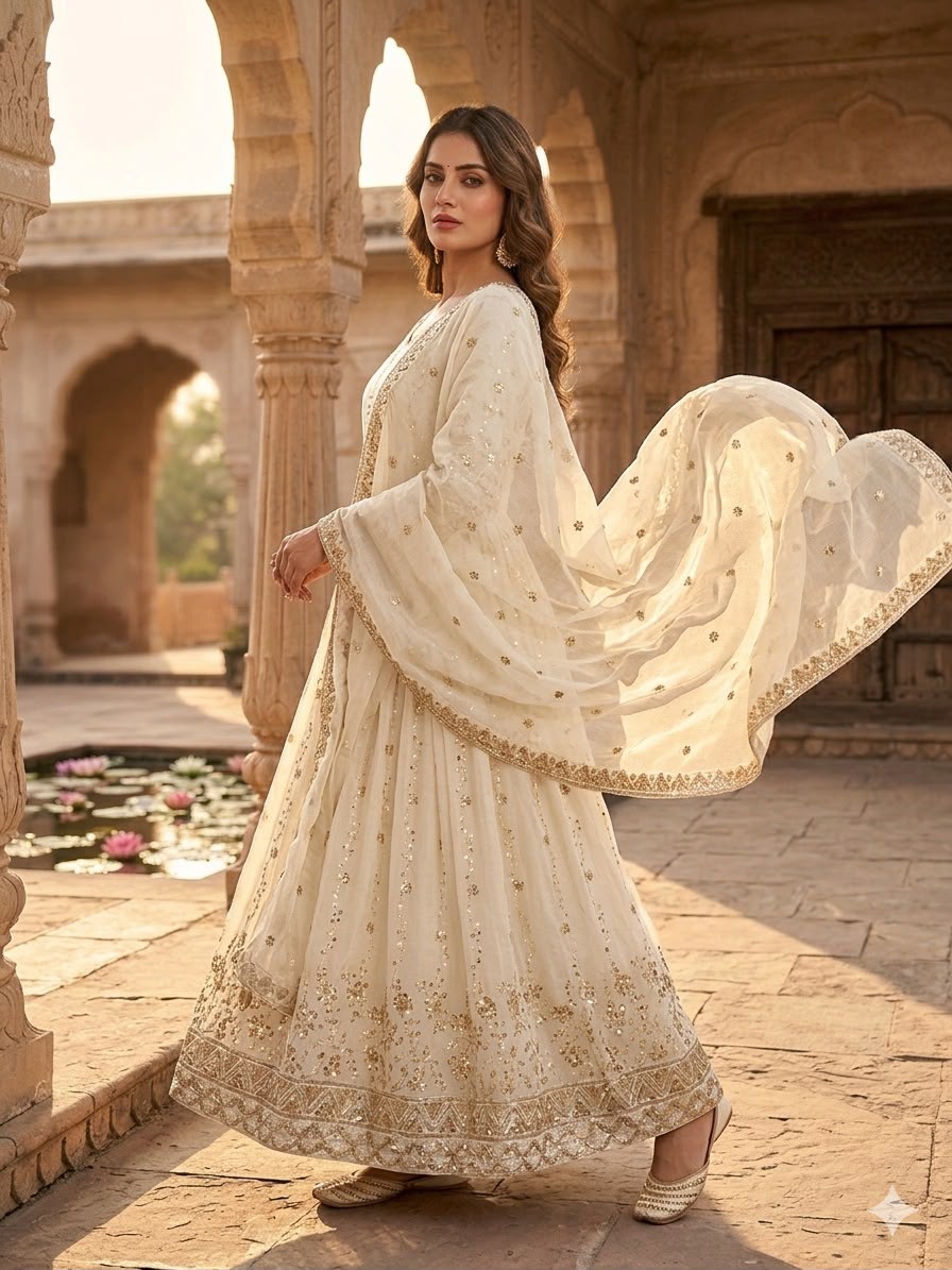 Heavy Sequence Embroidered Fendi Silk Gown, Pant & Dupatta Set