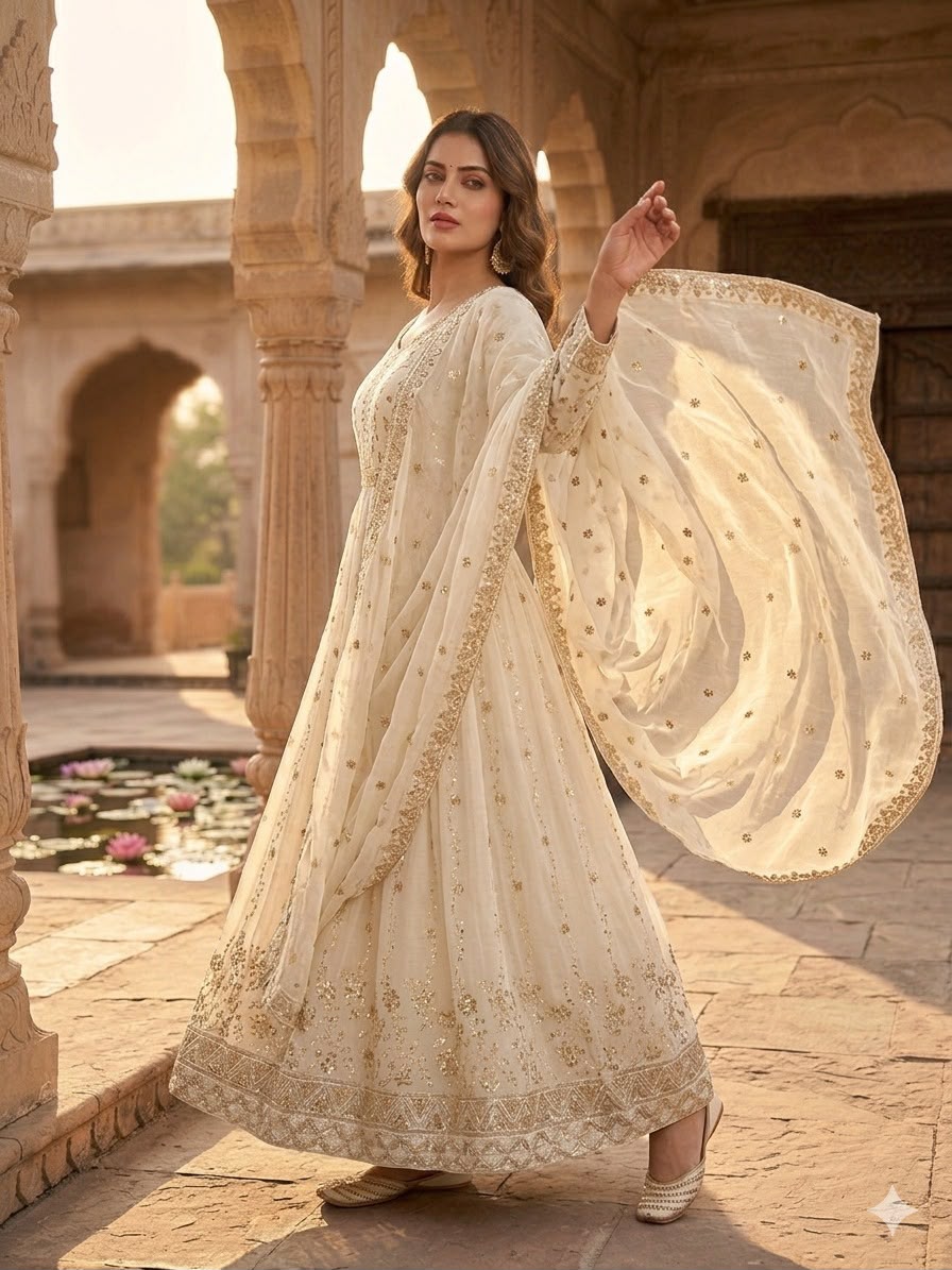 Heavy Sequence Embroidered Fendi Silk Gown, Pant & Dupatta Set
