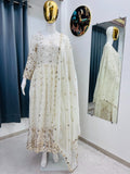 Heavy Sequence Embroidered Fendi Silk Gown, Pant & Dupatta Set