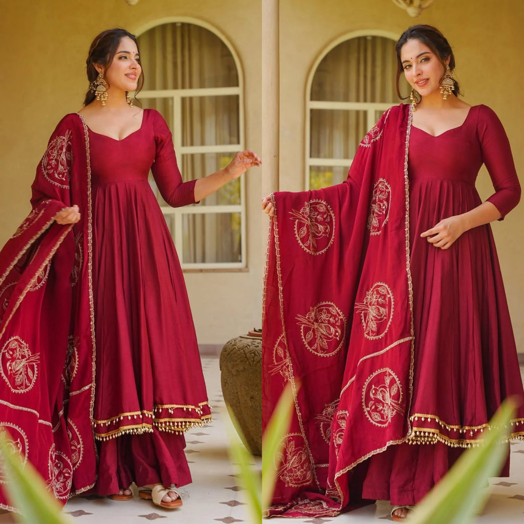 Exclusive Roman Silk Anarkali Suit Set with Fancy Lace & Chanderi Dupatta