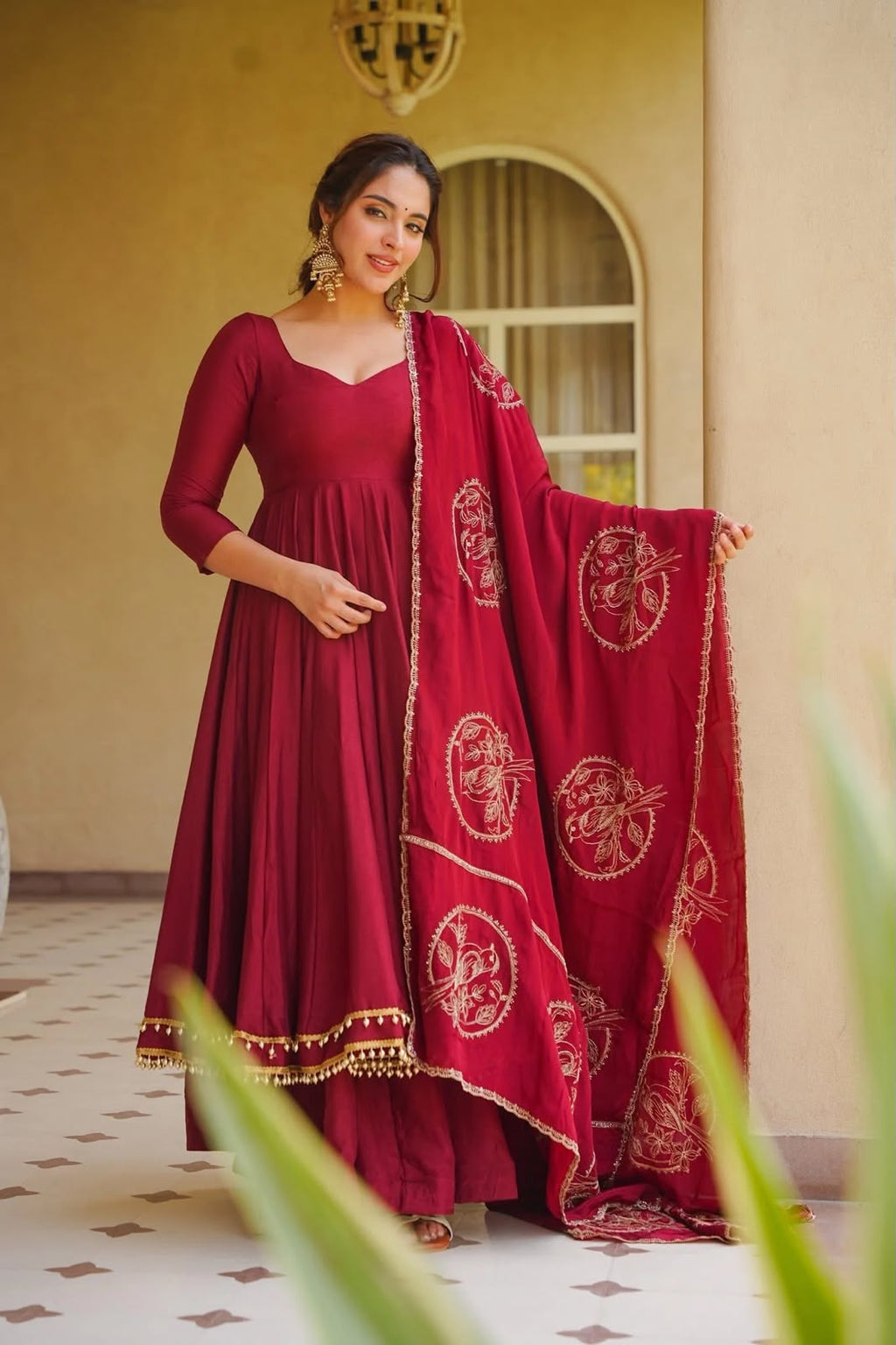 Exclusive Roman Silk Anarkali Suit Set with Fancy Lace & Chanderi Dupatta