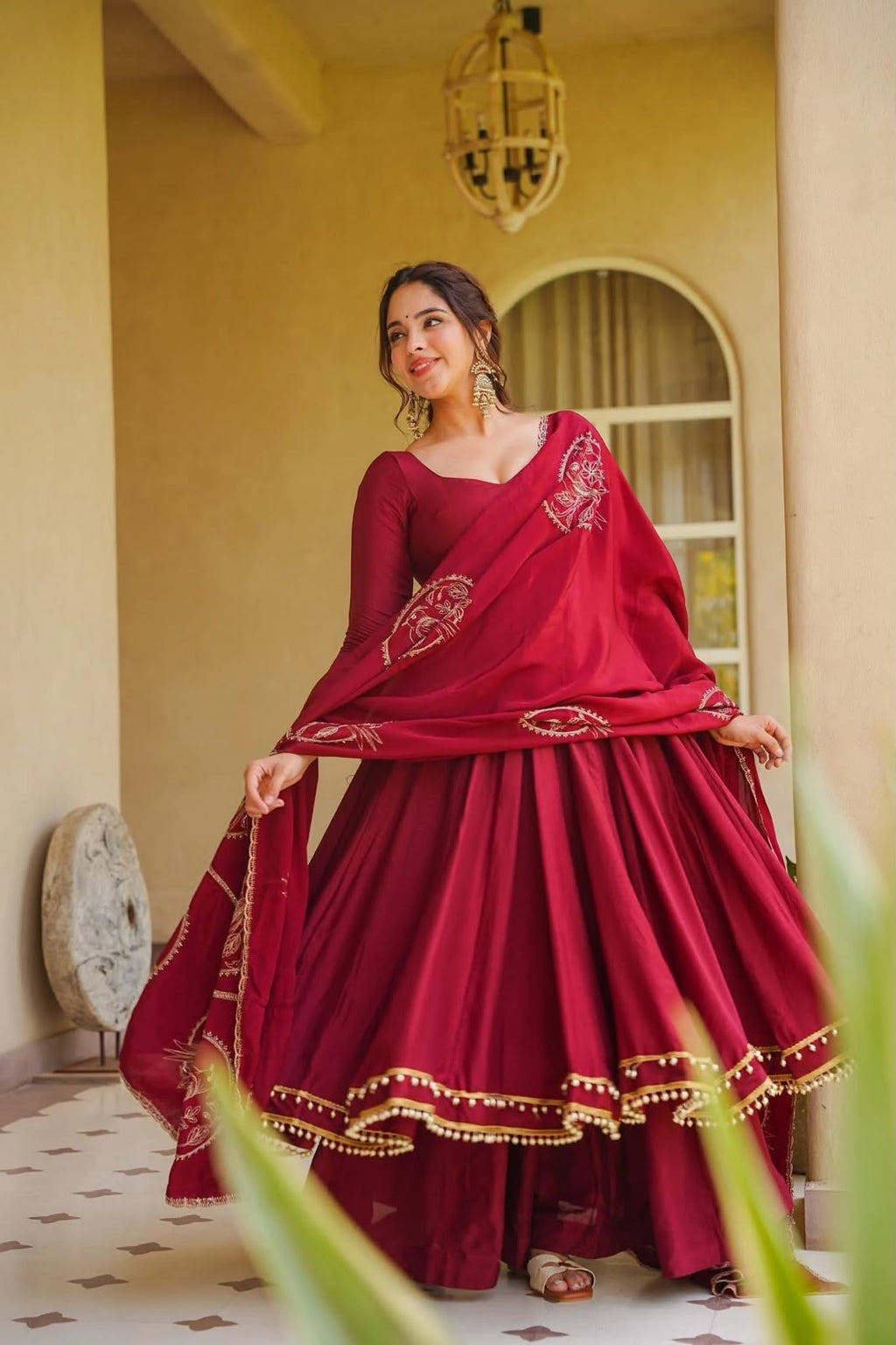 Exclusive Roman Silk Anarkali Suit Set with Fancy Lace & Chanderi Dupatta