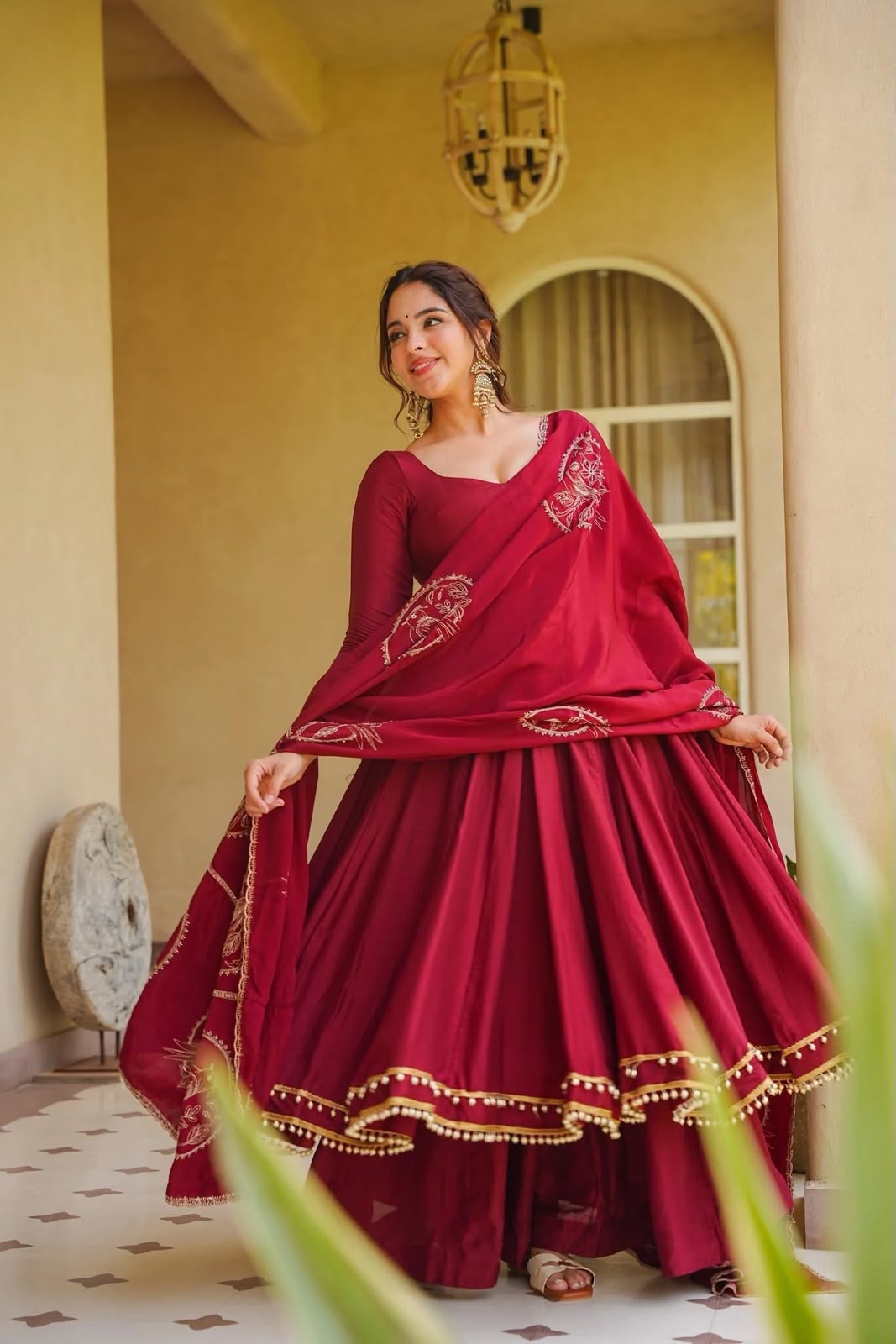 Exclusive Roman Silk Anarkali Suit Set with Fancy Lace & Chanderi Dupatta