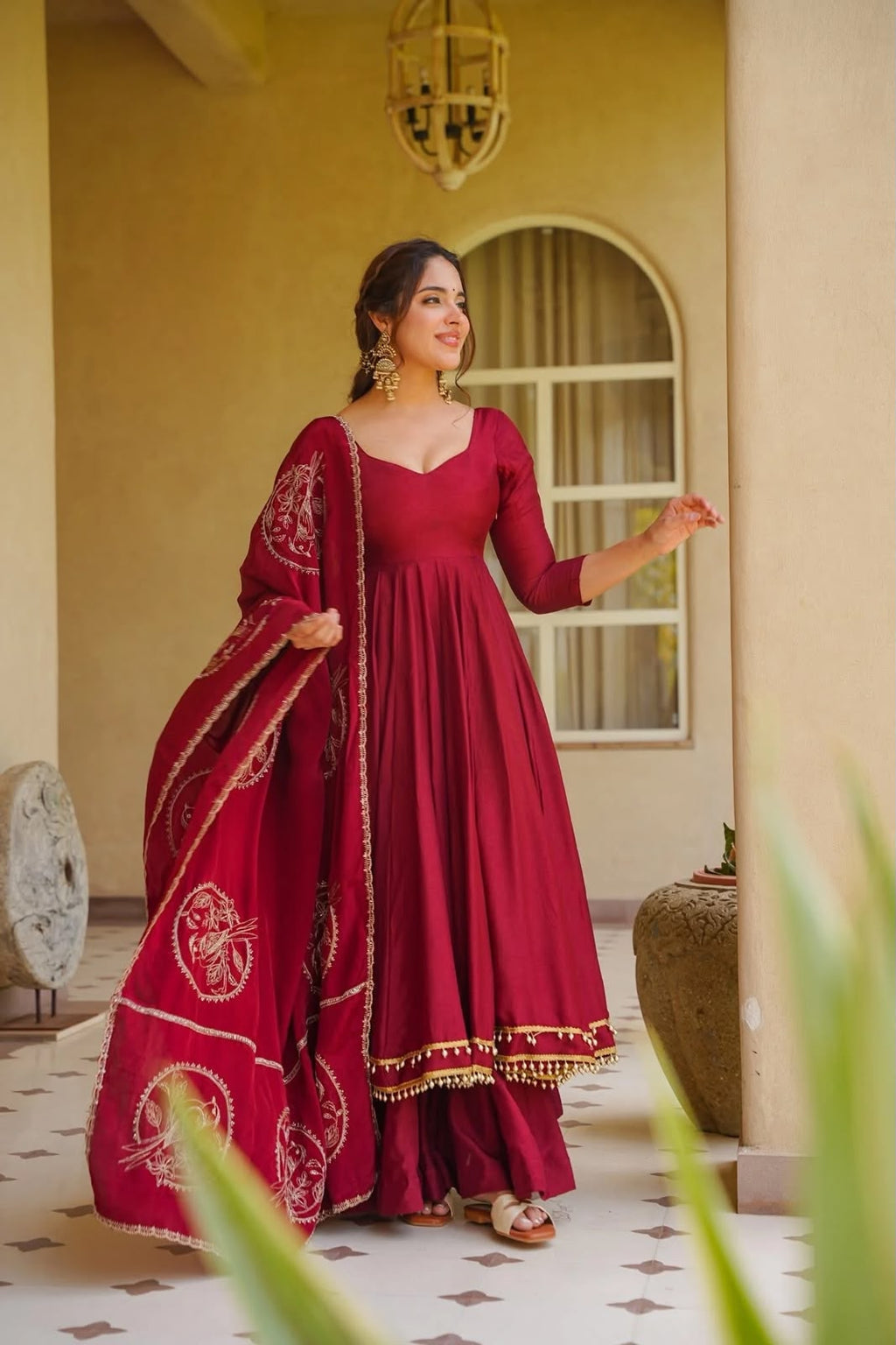 Exclusive Roman Silk Anarkali Suit Set with Fancy Lace & Chanderi Dupatta