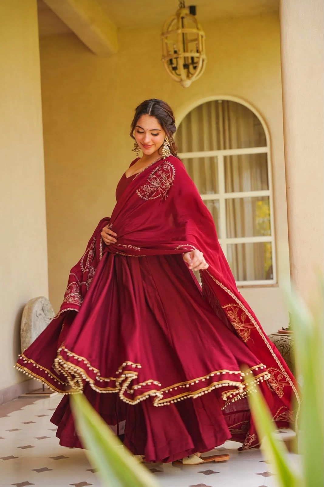 Exclusive Roman Silk Anarkali Suit Set with Fancy Lace & Chanderi Dupatta