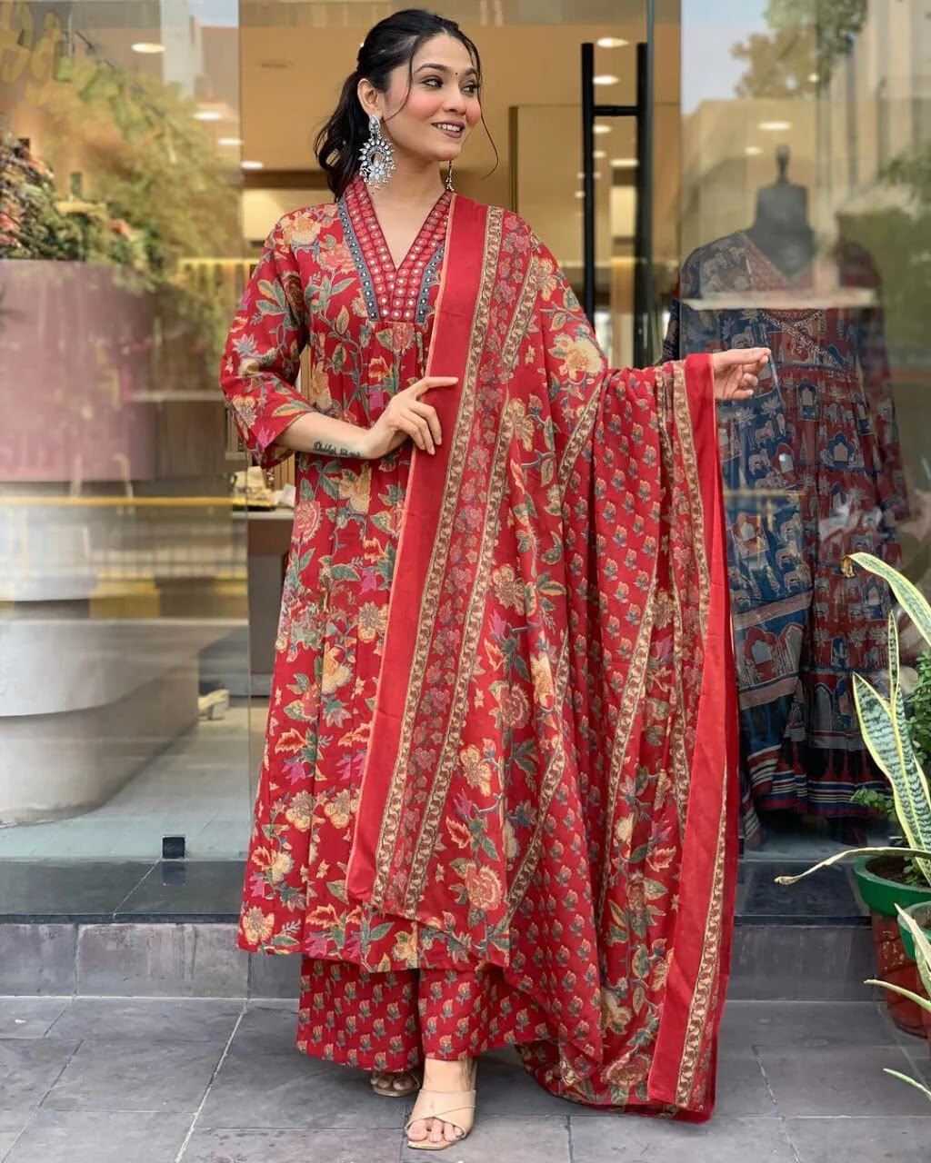 A-Line Printed Premium Cotton Blend Kurti Suit Set with Dupatta
