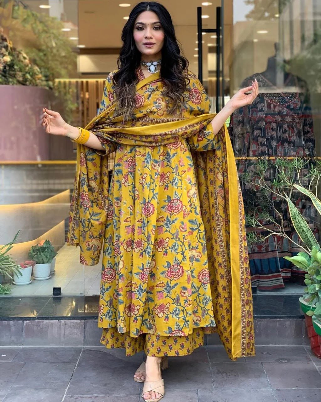 A-Line Printed Premium Cotton Blend Kurti Suit Set with Dupatta