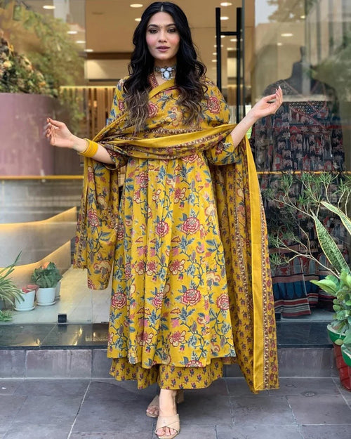 A-Line Printed Premium Cotton Blend Kurti Suit Set with Dupatta