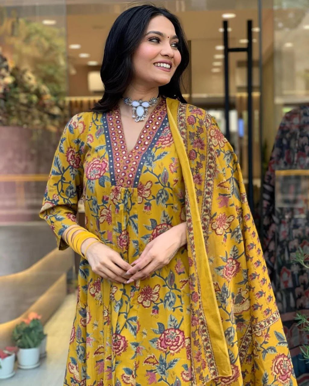 A-Line Printed Premium Cotton Blend Kurti Suit Set with Dupatta