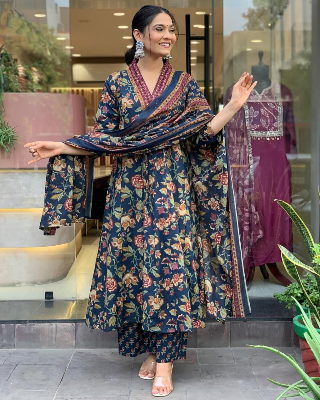A-Line Printed Premium Cotton Blend Kurti Suit Set with Dupatta