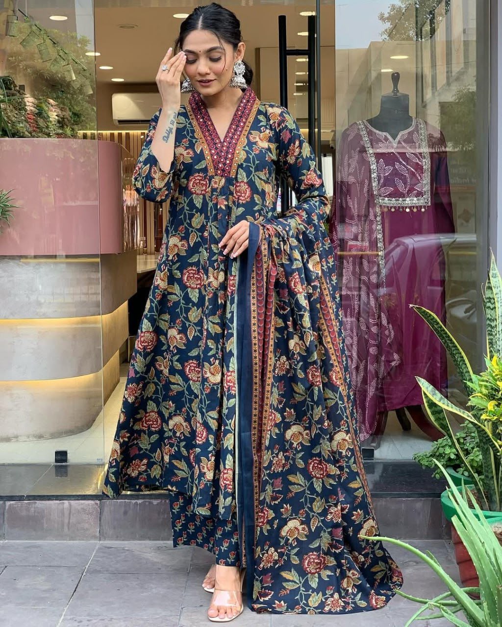 A-Line Printed Premium Cotton Blend Kurti Suit Set with Dupatta