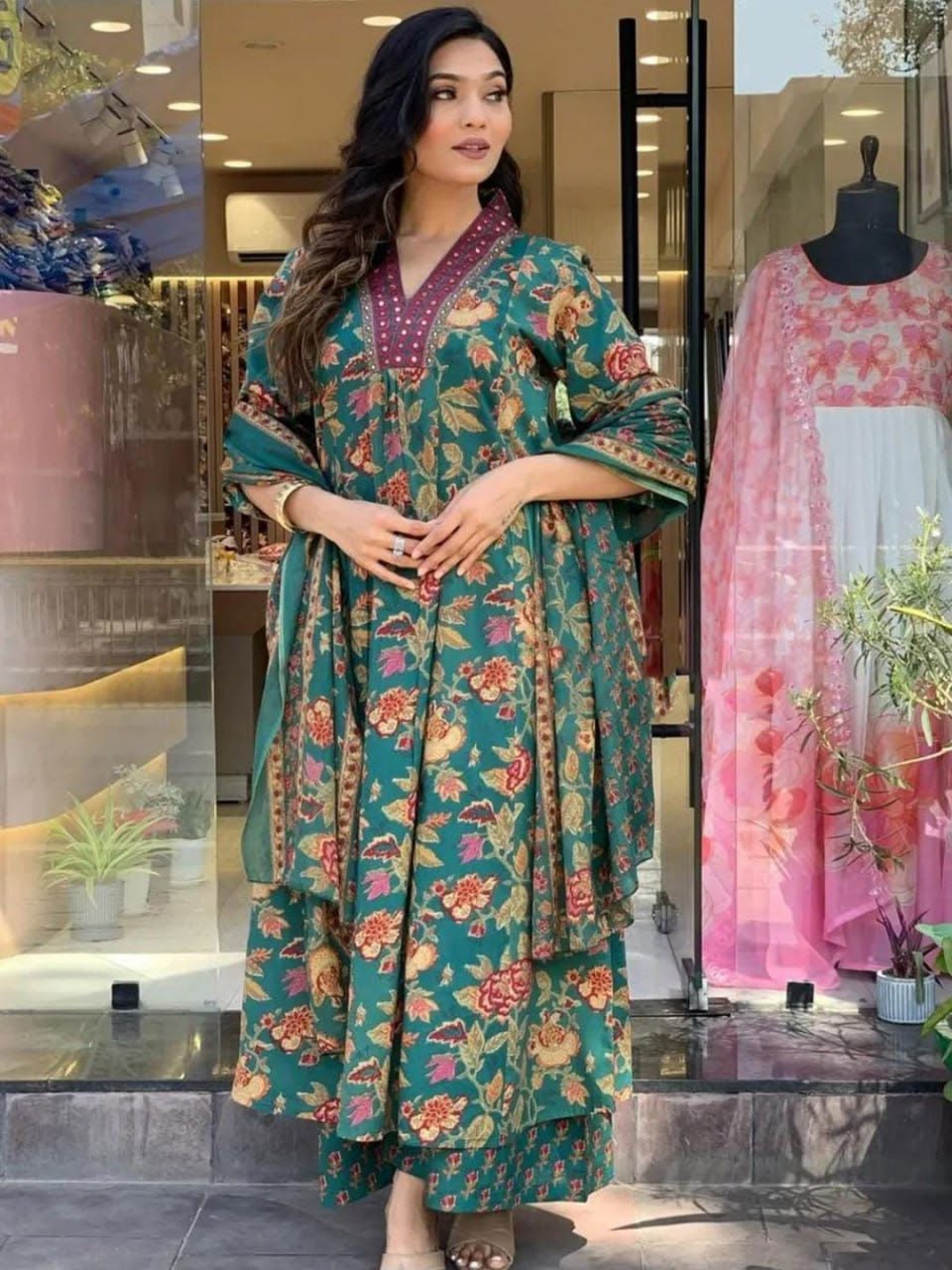 A-Line Printed Premium Cotton Blend Kurti Suit Set with Dupatta