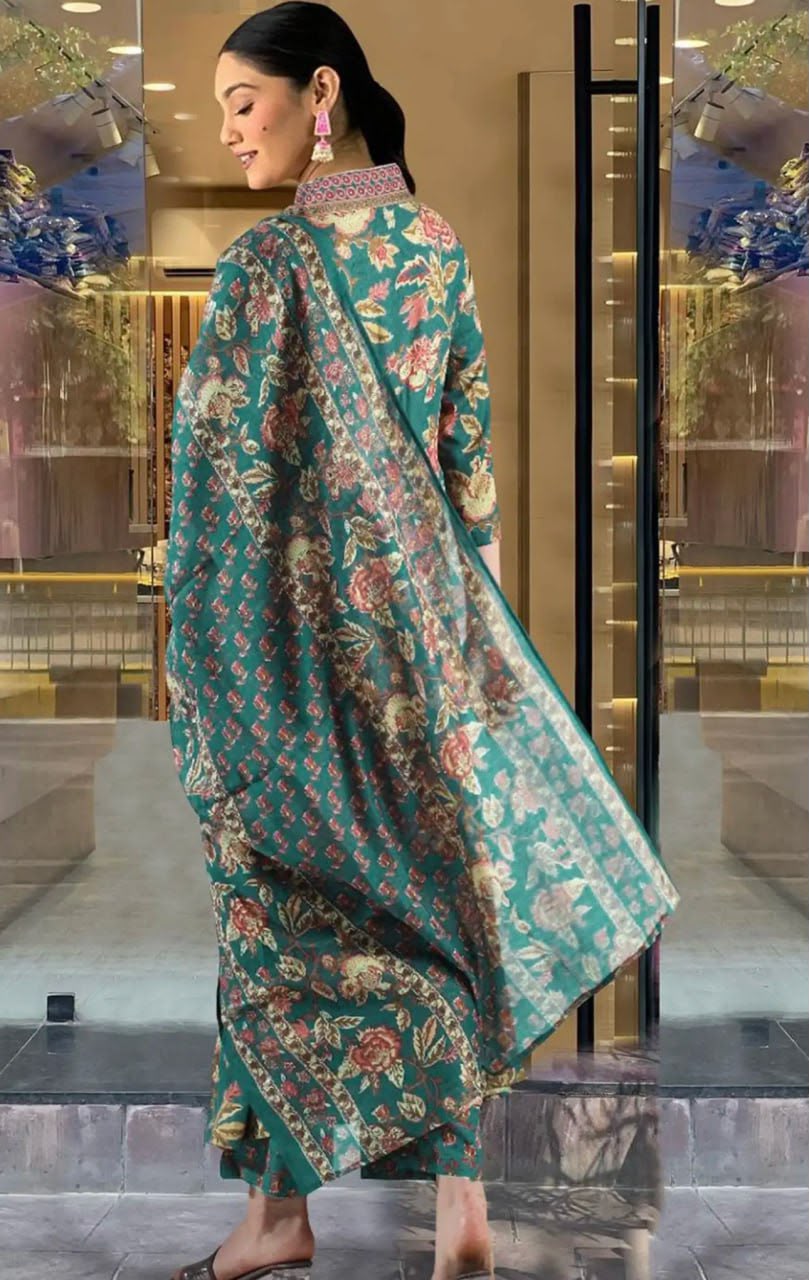 A-Line Printed Premium Cotton Blend Kurti Suit Set with Dupatta