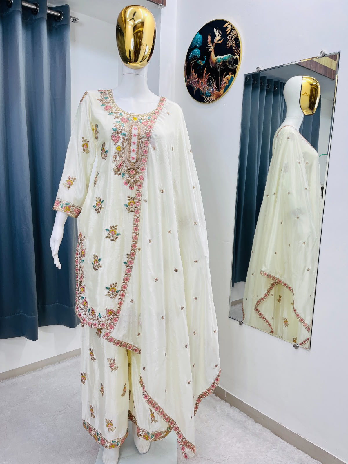 Sequence Embroidered Heavy Chinon Silk Top & Flared Palazzo Set with Dupatta