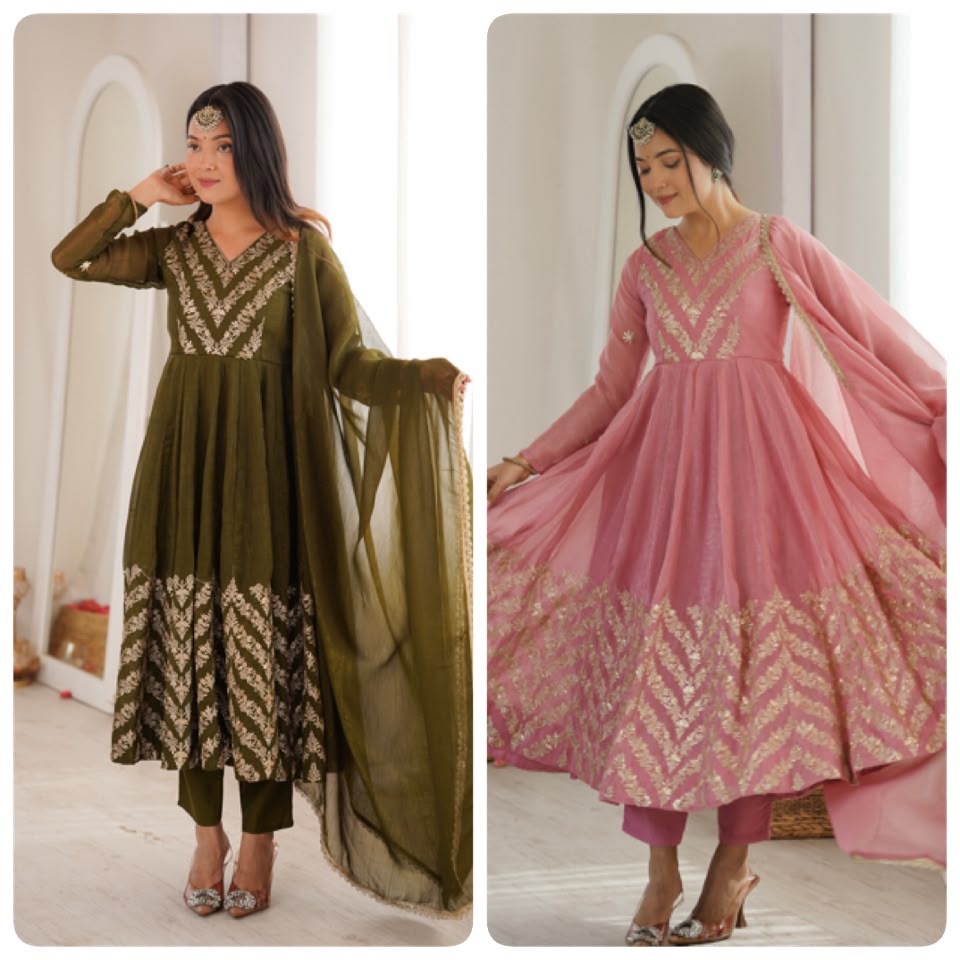 Rakshabandhan Special Bandhani Silk Gown Set with Real Mirror & Embroidery Work