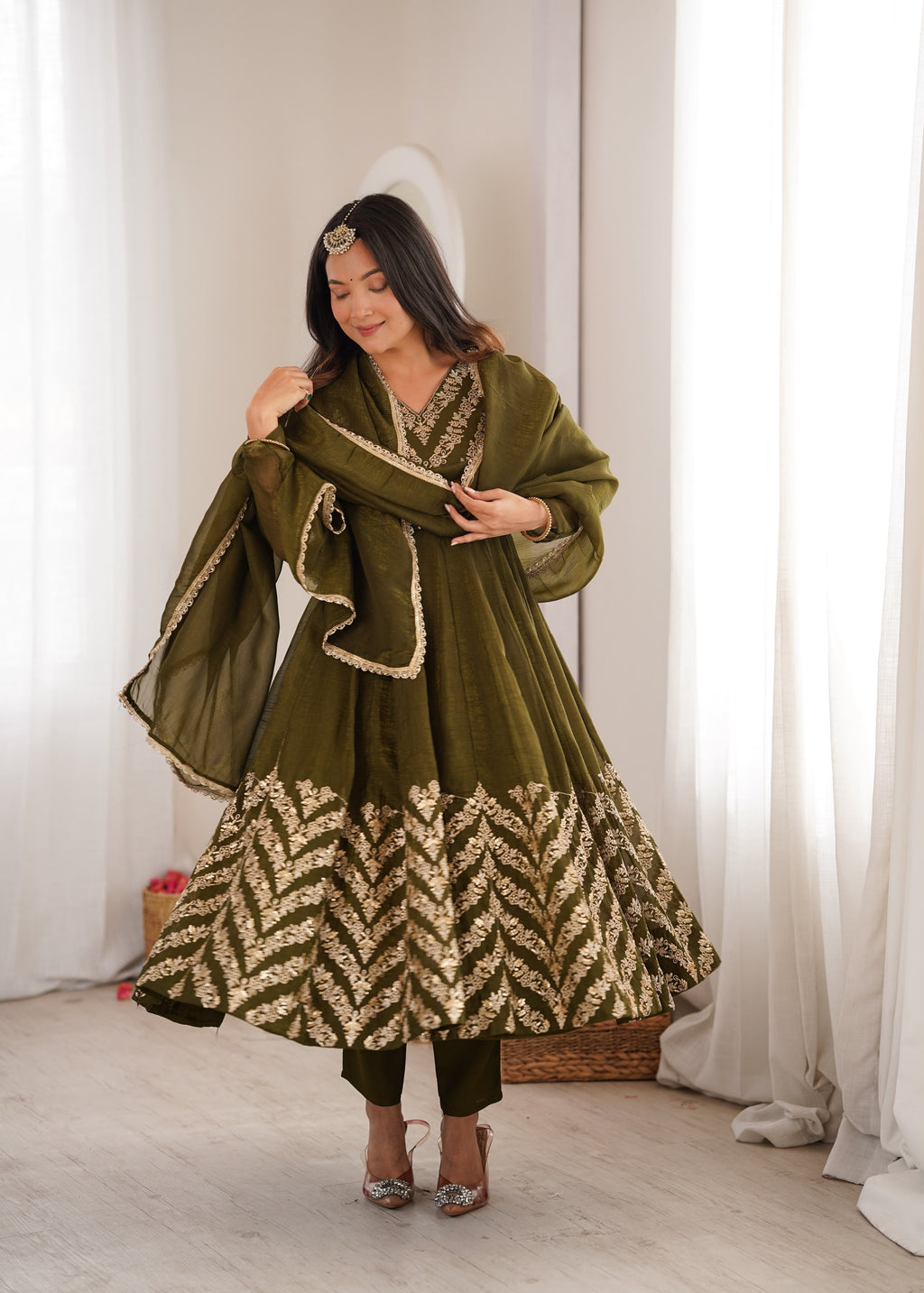 Rakshabandhan Special Bandhani Silk Gown Set with Real Mirror & Embroidery Work