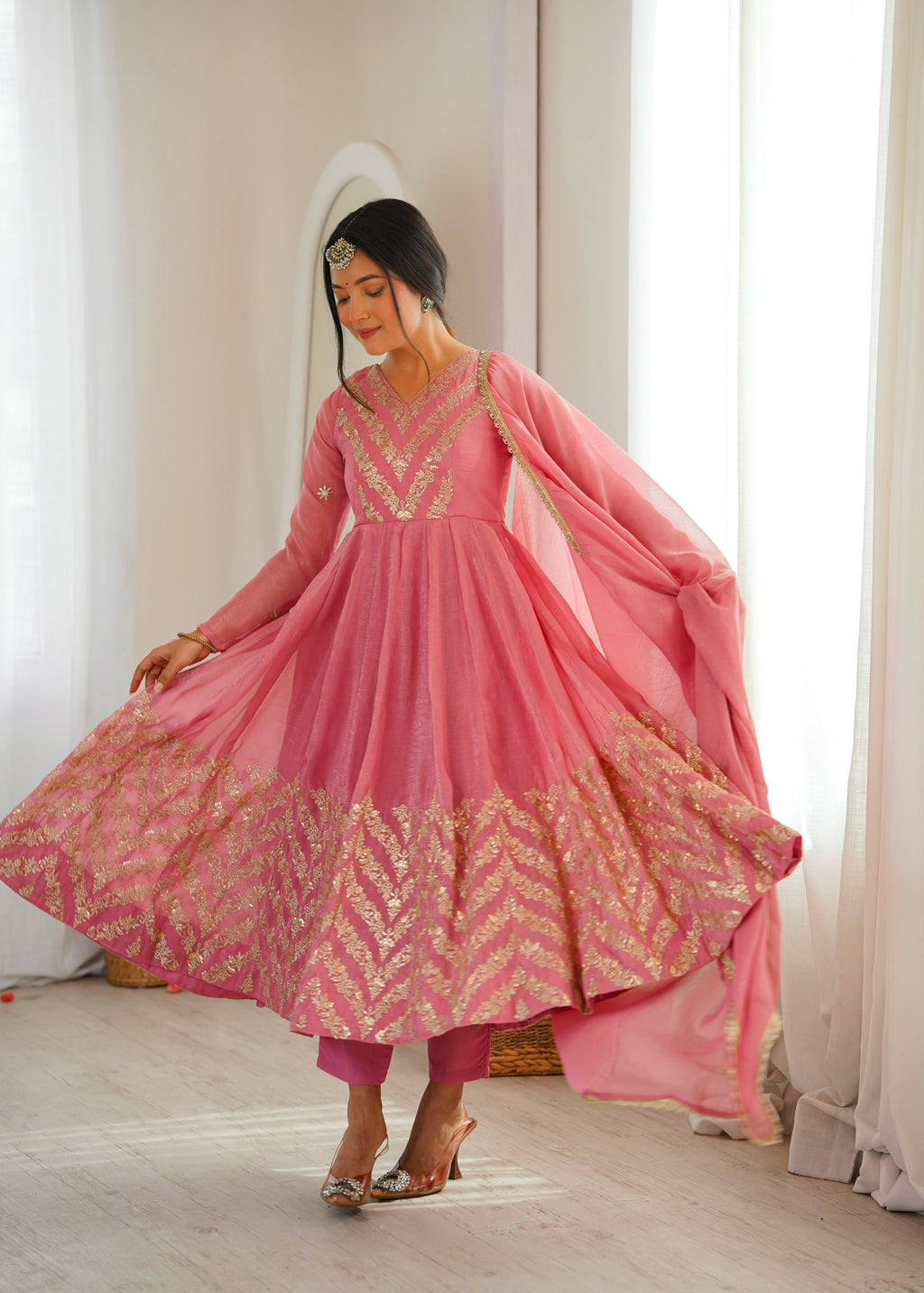 Rakshabandhan Special Bandhani Silk Gown Set with Real Mirror & Embroidery Work