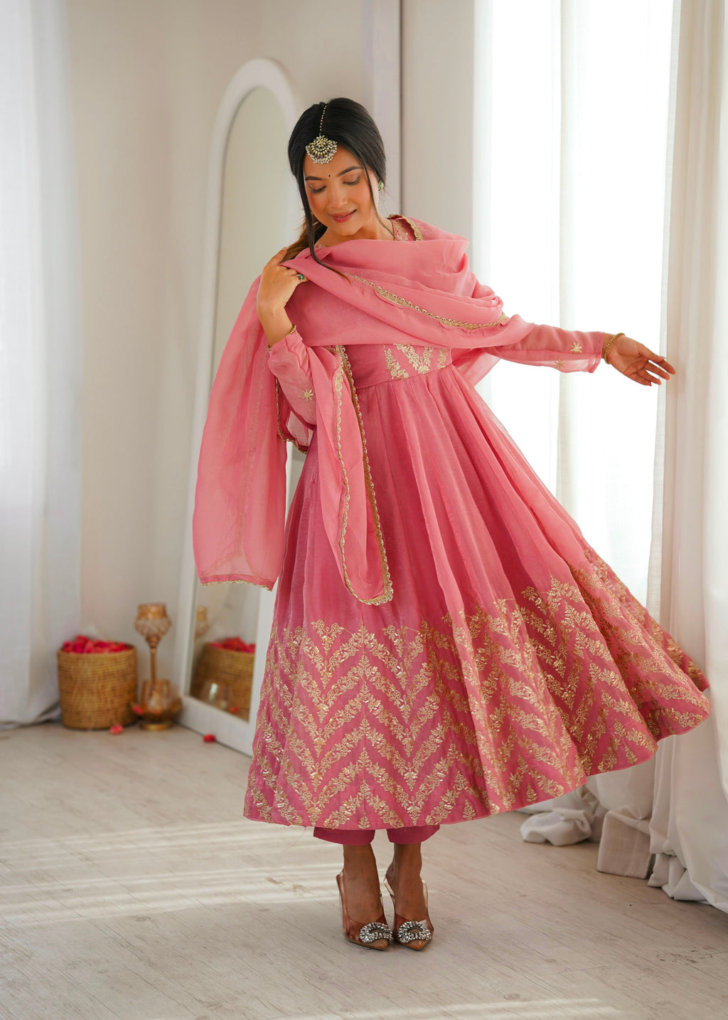 Rakshabandhan Special Bandhani Silk Gown Set with Real Mirror & Embroidery Work