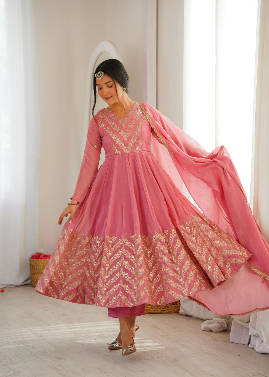 Rakshabandhan Special Bandhani Silk Gown Set with Real Mirror & Embroidery Work