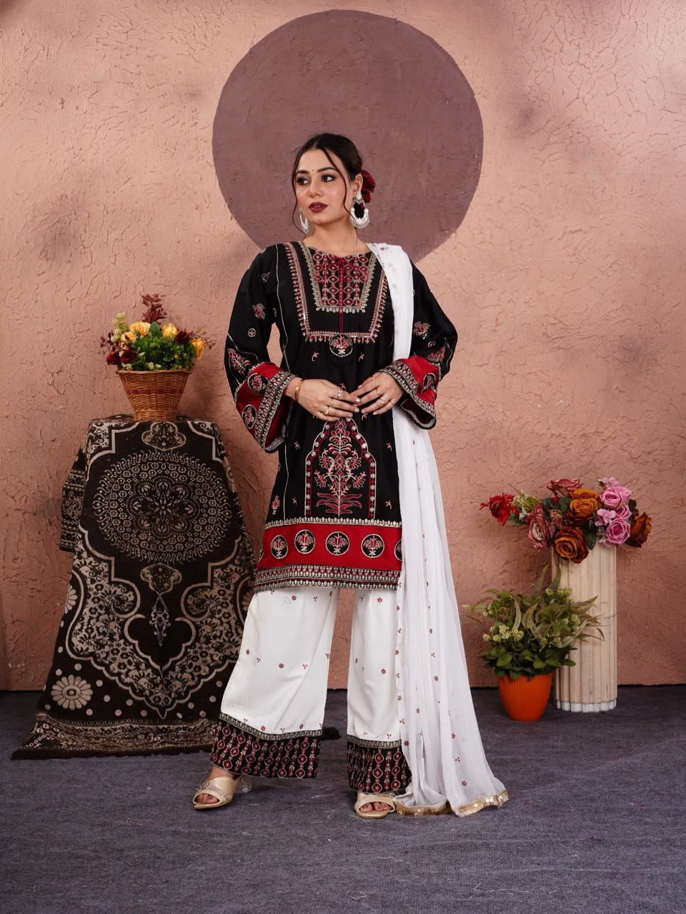 Designer Natural Silk Top & Palazzo Set with Heavy Georgette Dupatta