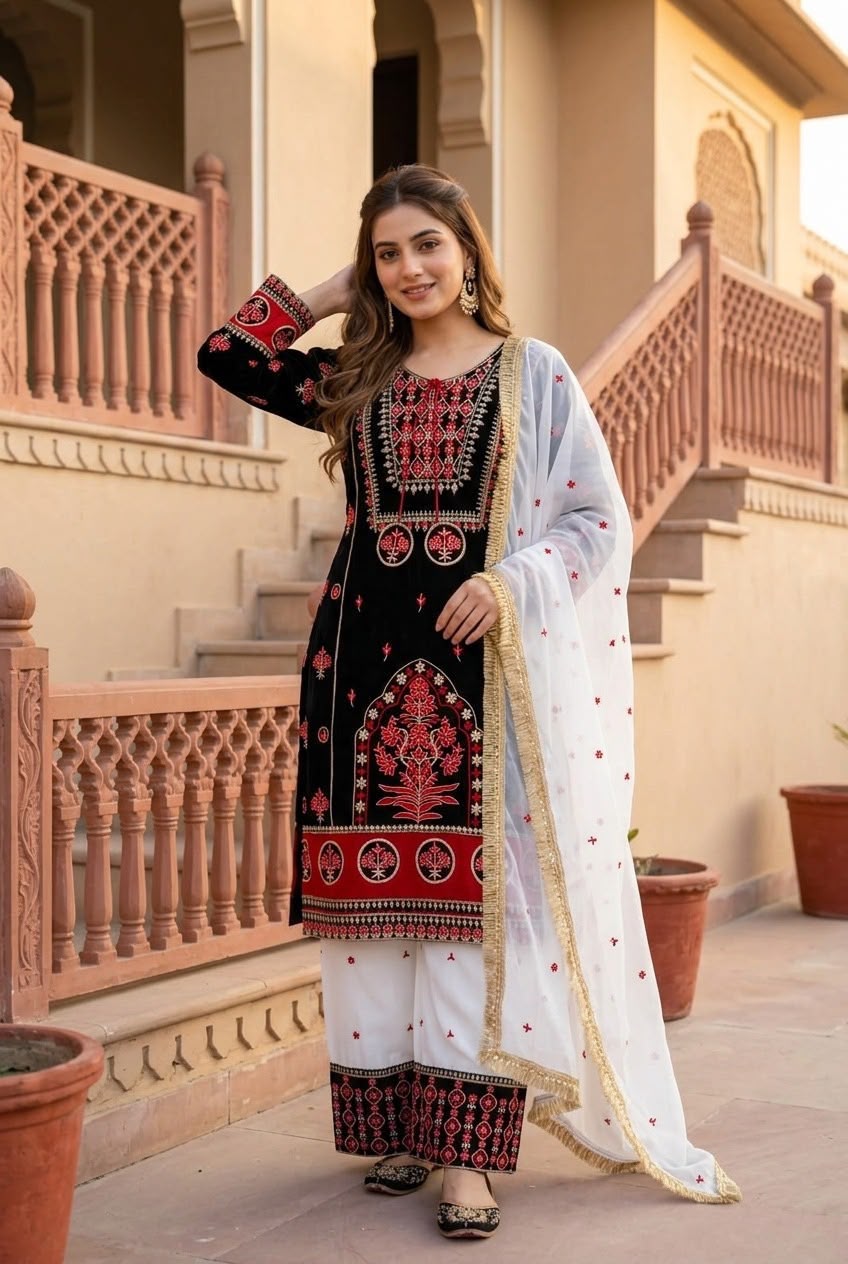 Designer Natural Silk Top & Palazzo Set with Heavy Georgette Dupatta